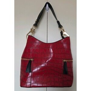 JEN & CO. (Rochelle) Vegan Leather Hobo Bag Red/Black W/Gold Hardware ~ EUC ~